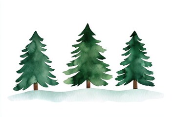 Obraz premium Watercolor Illustration of Three Green Pine Trees on Snowy Ground