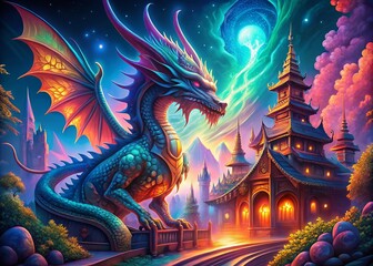 Fototapeta premium Enchanting Glowing Dragon in Architectural Fantasy Setting, Richly Detailed Vector Art Illustration for Imaginative Projects and Creative Visuals