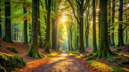 Obraz premium Enchanting Path Through a Lush Green Forest Surrounded by Towering Trees, Sunlight Filtering Through Leaves, Creating a Tranquil and Inviting Atmosphere for Nature Lovers