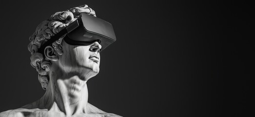 David statue wearing virtual reality headset, modern meets classical art, juxtaposition of technology and sculpture