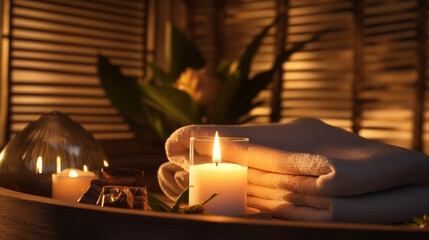 A luxurious spa setting featuring a white towel, a serene bathroom ambiance, soft candlelight, and elements of relaxation such as a massage and soothing bath.