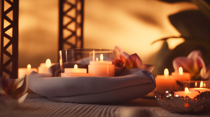 A luxurious spa setting featuring a serene bathroom ambiance, massage stones, soft candlelight, and elements of relaxation such as a soothing bath.