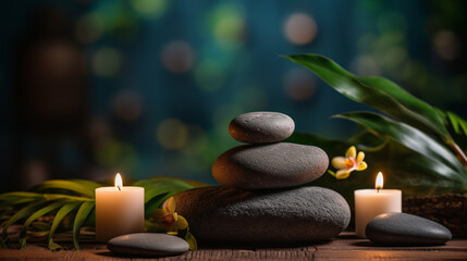 A luxurious spa setting featuring a serene bathroom ambiance, massage stones, soft candlelight, and elements of relaxation such as a soothing bath.