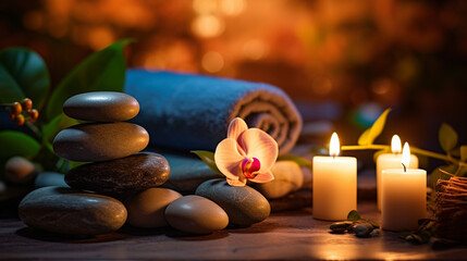 A luxurious spa setting featuring a serene bathroom ambiance, massage stones, delicate orchids as ornaments, soft candlelight, and elements of relaxation such as a soothing bath.