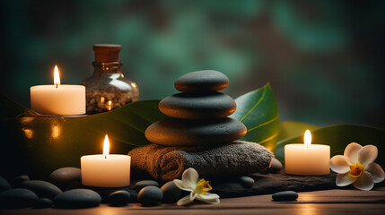 A luxurious spa setting featuring a serene bathroom ambiance, massage stones, soft candlelight, and elements of relaxation such as a soothing bath.
