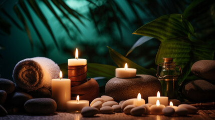 
A luxurious spa setting featuring a serene bathroom ambiance, soft candlelight, and elements of relaxation such as a massage and soothing bath.