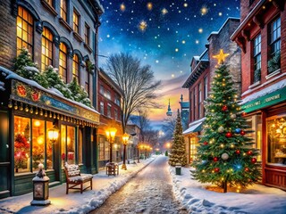 Fototapeta premium Enchanting Winter City Street Illuminated by Festive Christmas Lights Under a Starry Sky with Snow-Covered Trees and Empty Sidewalks for a Magical Holiday Atmosphere