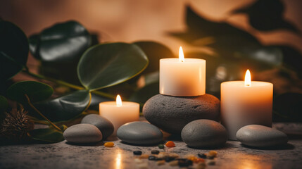 
A luxurious spa setting featuring a serene bathroom ambiance, soft candlelight, and elements of relaxation such as a massage and soothing bath.