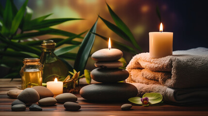 A luxurious spa setting featuring a white towel, a serene bathroom ambiance, soft candlelight, and elements of relaxation such as a massage and soothing bath.