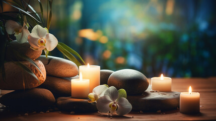 A luxurious spa setting featuring a serene bathroom ambiance, massage stones, delicate orchids as ornaments, soft candlelight, and elements of relaxation such as a soothing bath.