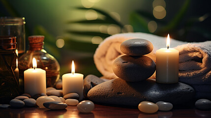 A luxurious spa setting featuring a white towel, a serene bathroom ambiance, soft candlelight, and elements of relaxation such as a massage and soothing bath.
