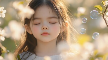 Fototapeta premium Serene girl with closed eyes amidst blooming flowers and bubbles. (1)
