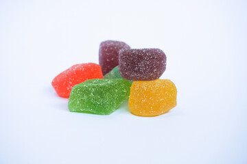 close-up product photography of CBD gummies on white background