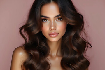 Fototapeta premium Beauty girl with long and shiny wavy hair. Beautiful woman model with curly hairstyle.