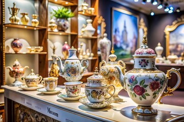 Fototapeta premium Exquisite Meissen Porcelain Art: Unique Collectible Pieces Reflecting Royal Style and High Artistic Level in a Beautiful Display Setting with Ample Copy Space