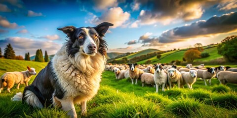 Obraz premium Fashion-Forward Canine: A Border Collie Grazes Among Sheep While Displaying a Unique Blend of Style and Health, Capturing the Essence of Rural Life and Veterinary Wellness