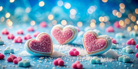 Obraz premium Festive Blue Background with Heart-Shaped Sugar Decorations Perfect for Valentine's Day Celebrations and Text Insertion, Ideal for Romantic Posts and Invitations
