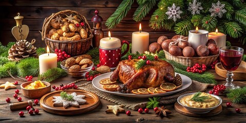 Fototapeta premium Festive Food Table for God Jul and Merry Christmas Celebrations with Traditional Dishes, Colorful Decorations, and Warm Holiday Ambiance for Cozy Gatherings