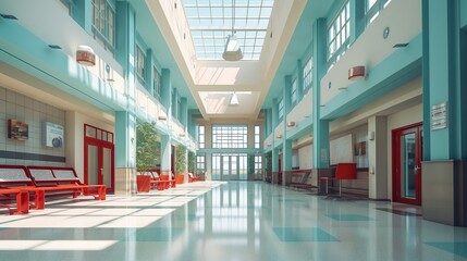 Bright and Spacious Hospital Corridor with Red Accents and Windows