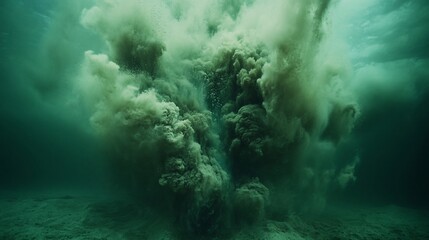 Underwater eruption of sediment plume creating a large, swirling cloud.