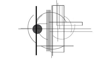 Abstract geometric composition featuring lines, shapes, and circles in black and white.