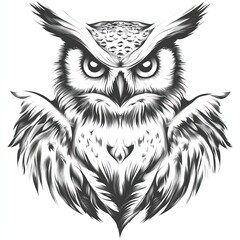 Fototapeta premium A stylized black and white illustration of an owl with intricate feather details.