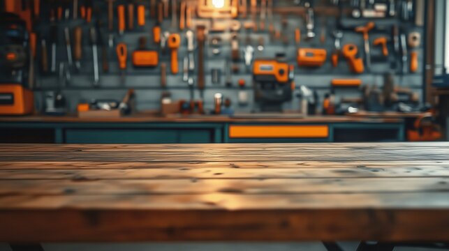 A well-organized workshop with various tools hanging on the wall and a wooden workbench in the foreground, showcasing a creative workspace. - Powered by Adobe