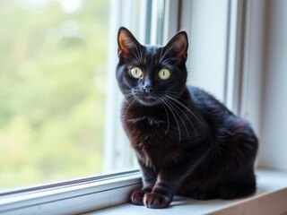 Black cat with bright green eyes sitting on white window sill, gazing out at the world outside, staring, domestic cat