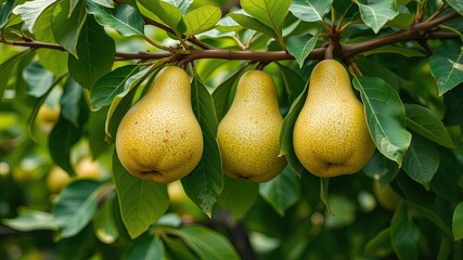 Close-up of a ripe pear hanging from tree branch in garden, growth, ripe