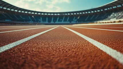A track and field stadium with a focus on the running track and field events area, outdoor setting with overcast sky, Clean style