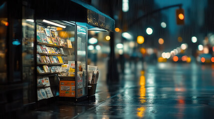 vibrant city street at night featuring newsstand illuminated by soft lights, surrounded by rain soaked pavement reflecting colorful bokeh from nearby traffic
