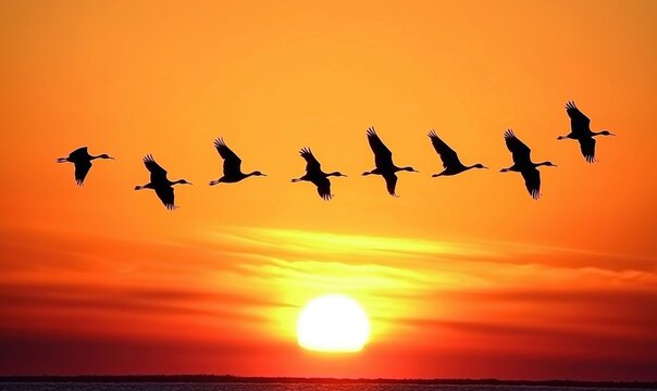 Cranes flying at sunset, vibrant orange sky, silhouettes of birds, tranquil nature scene