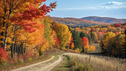 Obraz premium Vibrant autumn landscape with colorful trees lining a path, autumn, fall, foliage, leaves, vibrant, colorful, trees, path
