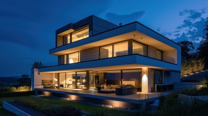 Fototapeta premium A soft halo of streetlights illuminated its sleek, modern façade, reflecting off the polished glass panels. 