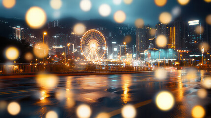 Obraz premium cityscape at night with rain falling, featuring Ferris wheel and illuminated buildings. scene is vibrant and atmospheric, showcasing reflections on wet streets