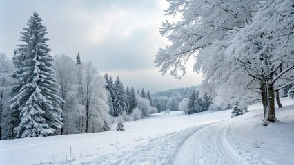 Snowy landscape with snow-covered trees and a winter wonderland scene , Winter, snow, cold, white, frosty, ice, frozen