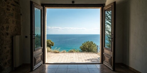 Fototapeta premium Porte donnant sur une vue imprenable sur l'oc?an, ocean, sea, scenic, door, entrance, breathtaking, panorama