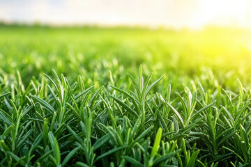 Fototapeta premium Fresh rosemary leaves glisten with dew in morning light, creating serene and vibrant atmosphere. This captures essence of nature beauty and tranquility