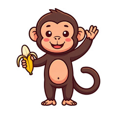 Fototapeta premium Collection of Isolated Smiling Cute Little Monkey Characters Holding a Banana and Waving