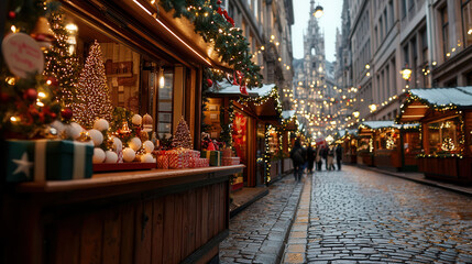 picturesque Christmas market with glowing lights, festive decorations, and charming stalls creates warm holiday atmosphere. Visitors enjoy enchanting scene