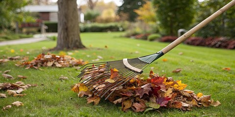 Rake with vibrant autumn leaves on wooden stick, collecting grass clippings in garden, Rake