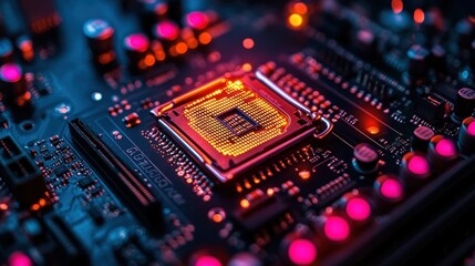 A close-up of a computer processor on a circuit board, showcasing technology and design.