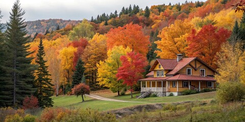 Cozy house nestled in a vibrant autumn forest, fall, foliage, cabin, trees, nature, cozy, rustic, seasonal, tranquil, peaceful