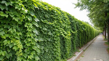 Lush wall of climbing ivy with green leaves, typical of vineyard arbors or garden structures, ivy, green, leaves, vines, plant