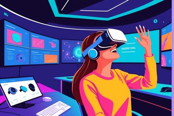 A woman in a yellow shirt, wearing a virtual reality headset, raises her hand in a virtual environment with multiple screens and a computer monitor.