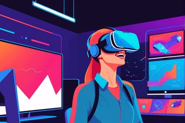A woman in a blue jacket and headphones, wearing a virtual reality headset, stands in a futuristic room with multiple screens displaying graphs and charts.