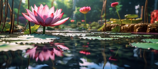 Beautiful Pink Lotus Flower Surrounded by Green Lily Pads in Pond