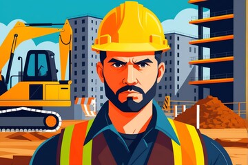 Fototapeta premium A man in a hard hat and safety vest stands in front of a construction site, with a yellow excavator and a pile of rubble in the background.