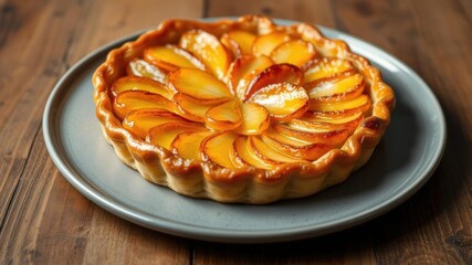 Freshly baked homemade Apple Tarte Tatin on gray plate on wood table top, tarte tatin, pastry