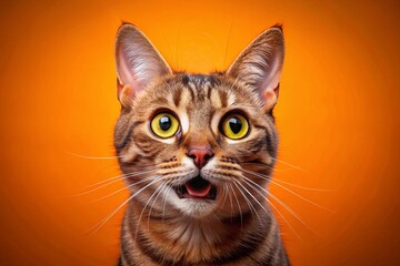 Obraz premium Funny Surprised Cat Portrait on Bright Orange Background – Double Exposure Photography Capturing the Amazed Expression of a Feline in a Studio Setting